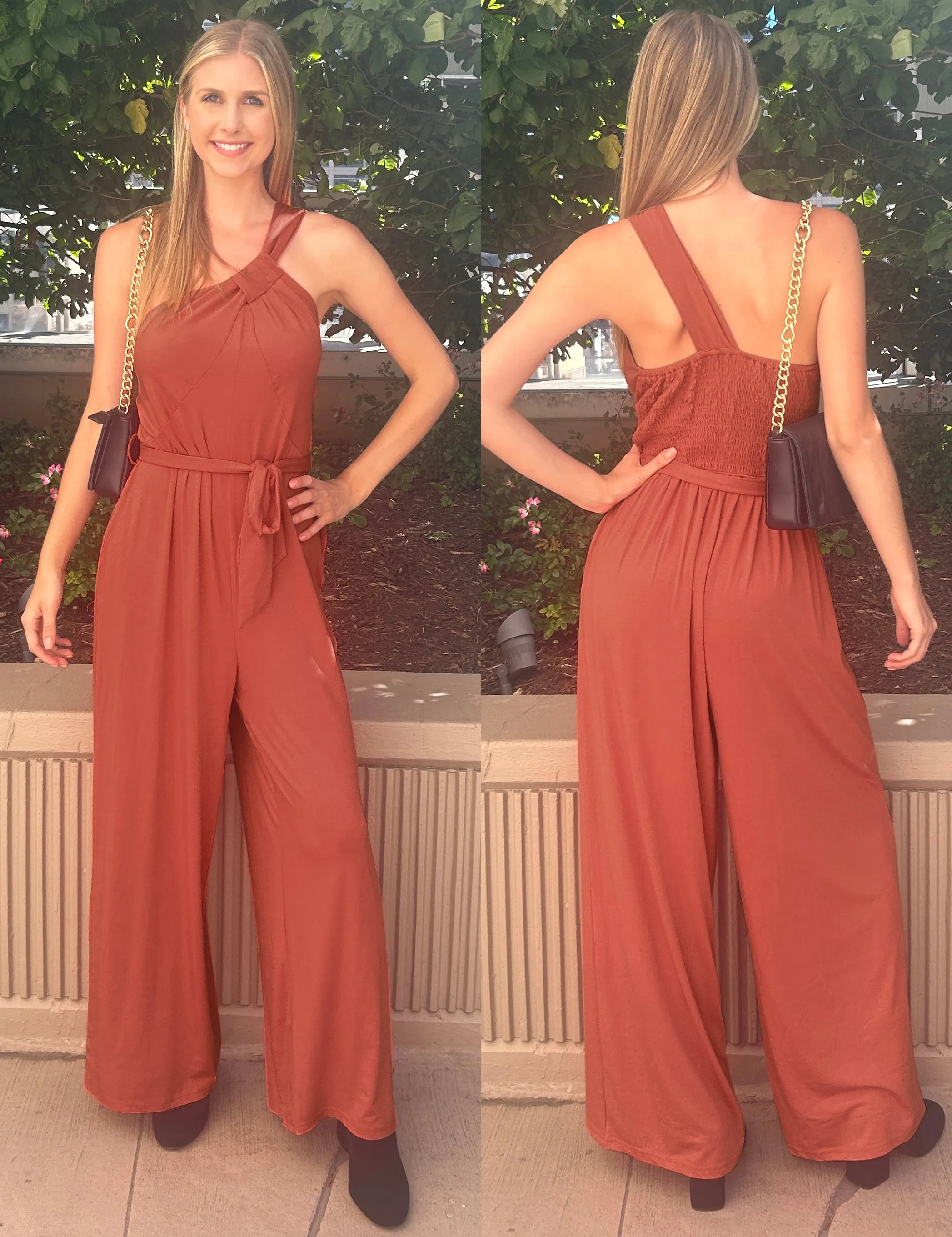 luvamia One Shoulder Jumpsuits for Women Dressy Casual Wide Leg Jumpsuit Overalls with Pocket Belted Comfy Long Rompers