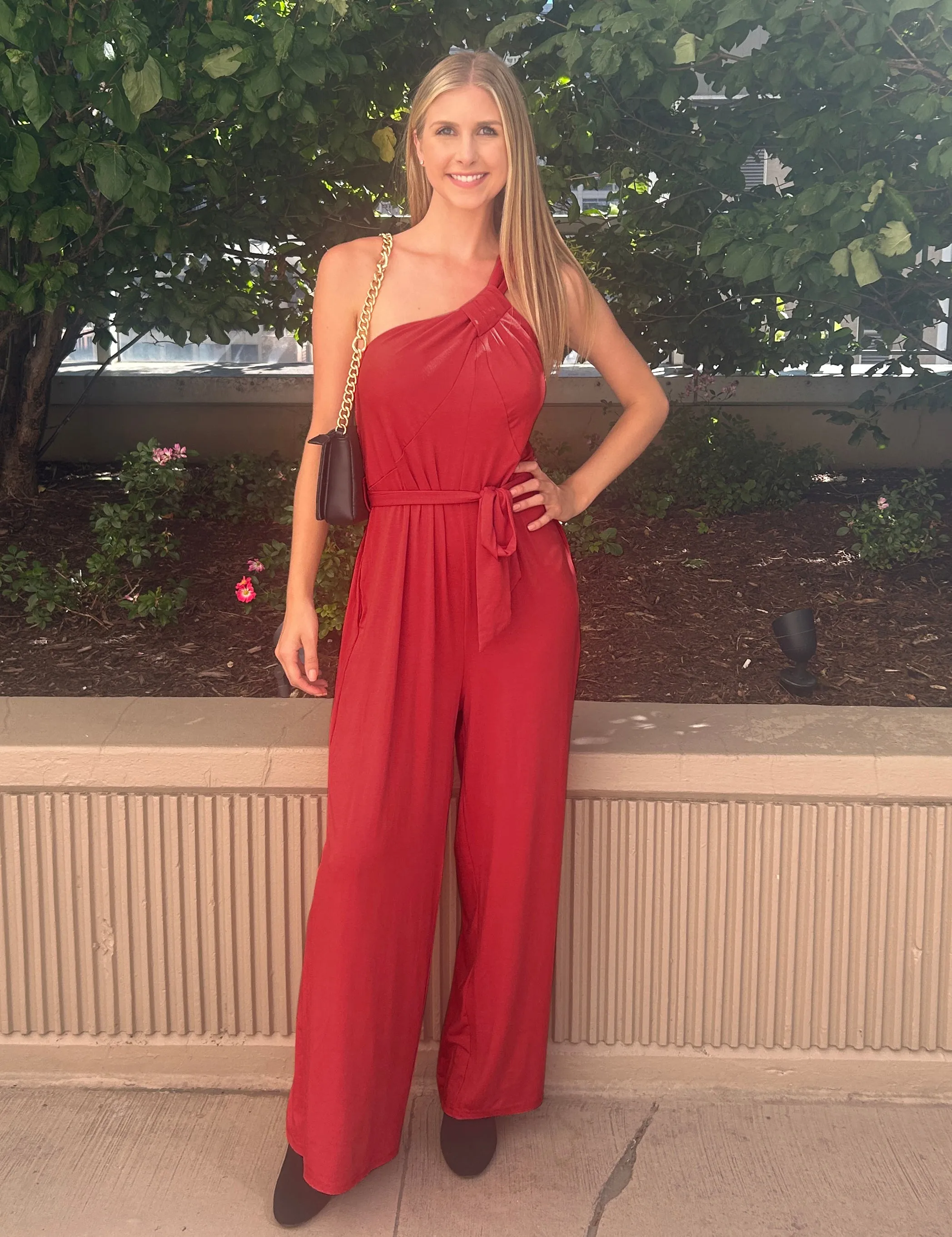 luvamia One Shoulder Jumpsuits for Women Dressy Casual Wide Leg Jumpsuit Overalls with Pocket Belted Comfy Long Rompers