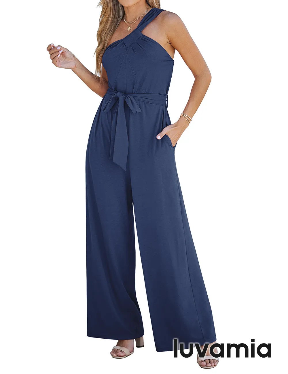 luvamia One Shoulder Jumpsuits for Women Dressy Casual Wide Leg Jumpsuit Overalls with Pocket Belted Comfy Long Rompers