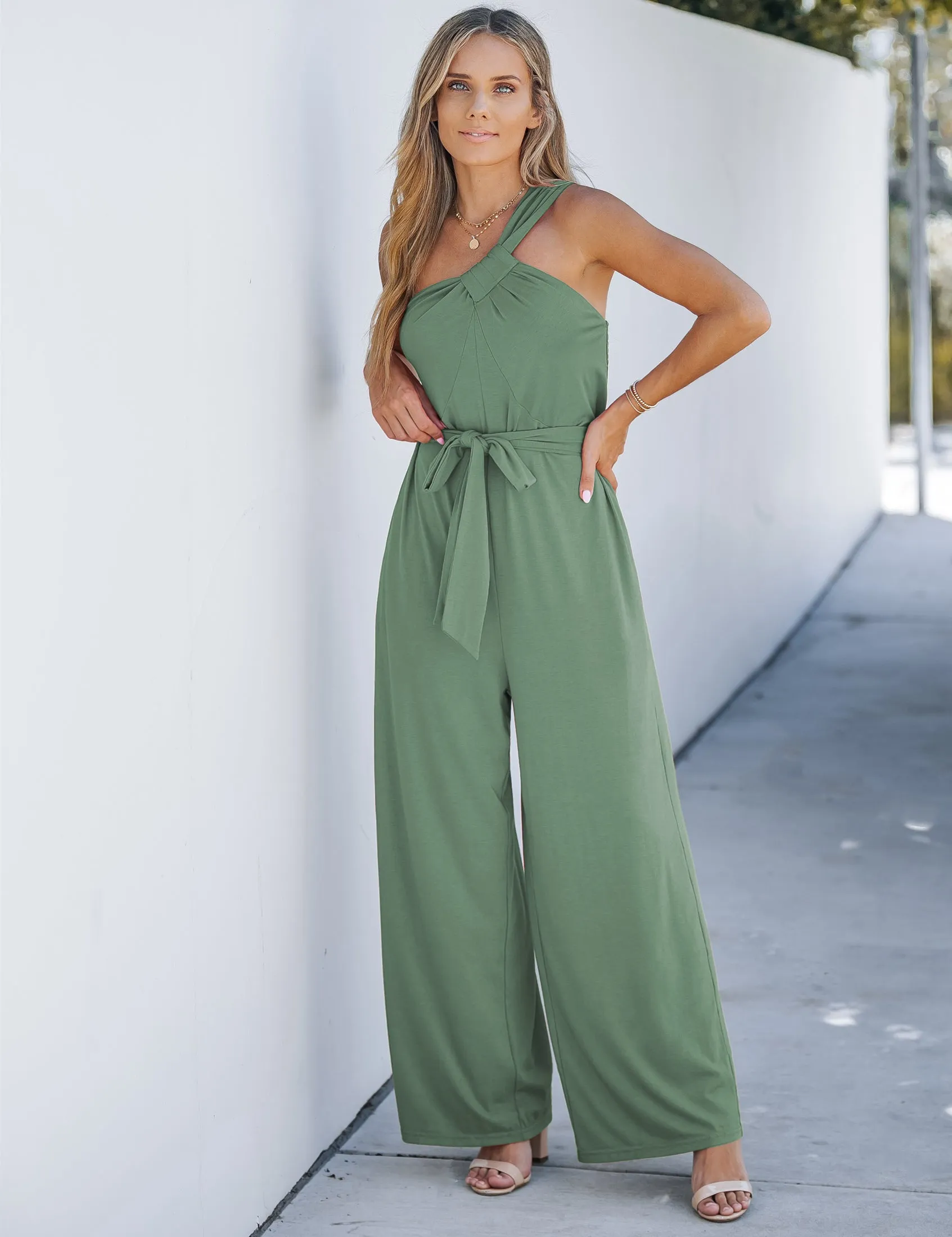 luvamia One Shoulder Jumpsuits for Women Dressy Casual Wide Leg Jumpsuit Overalls with Pocket Belted Comfy Long Rompers