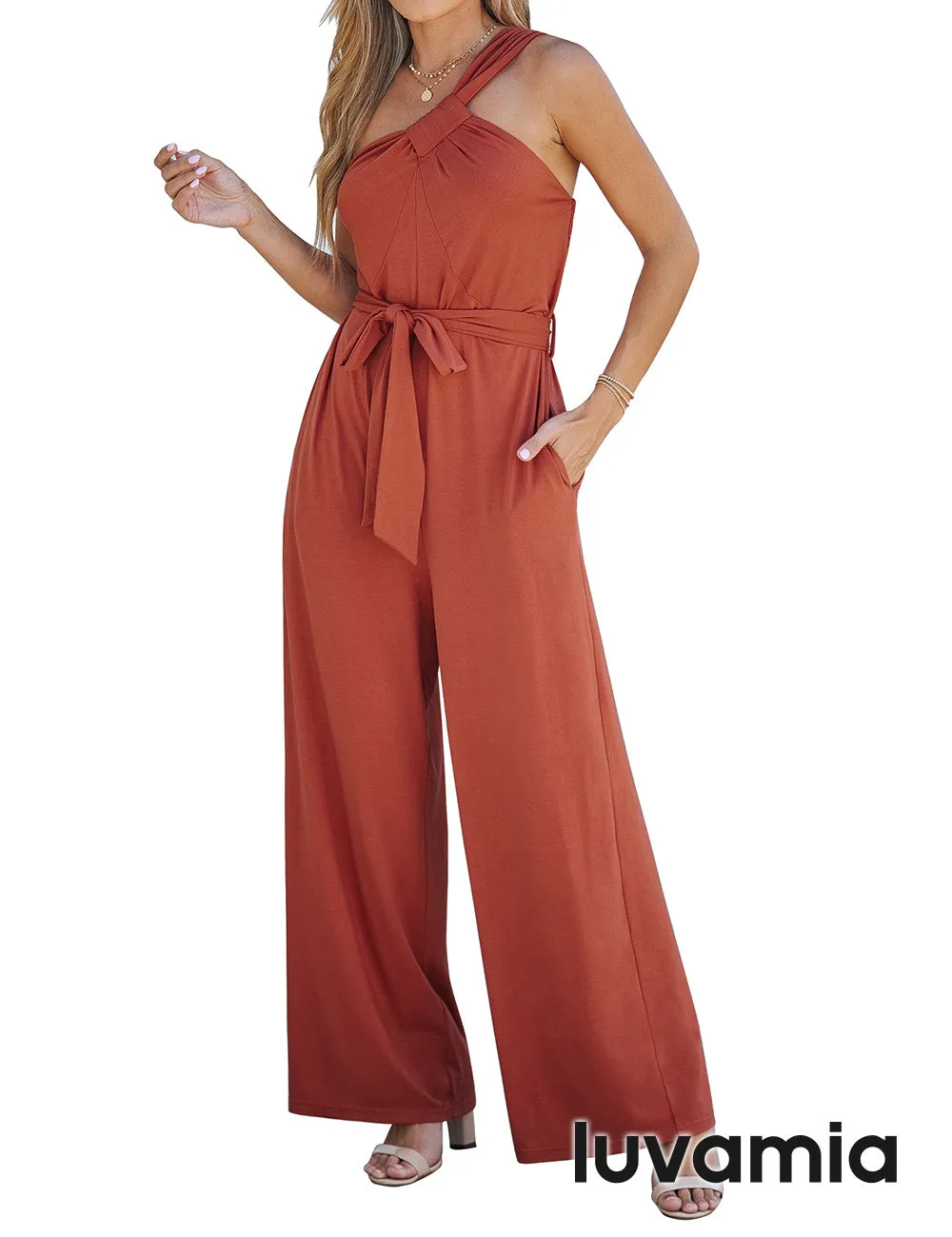 luvamia One Shoulder Jumpsuits for Women Dressy Casual Wide Leg Jumpsuit Overalls with Pocket Belted Comfy Long Rompers