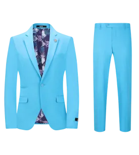 Men's turquoise slim fit satin cotton stretch fabric suit one button notch lapel flat front pants