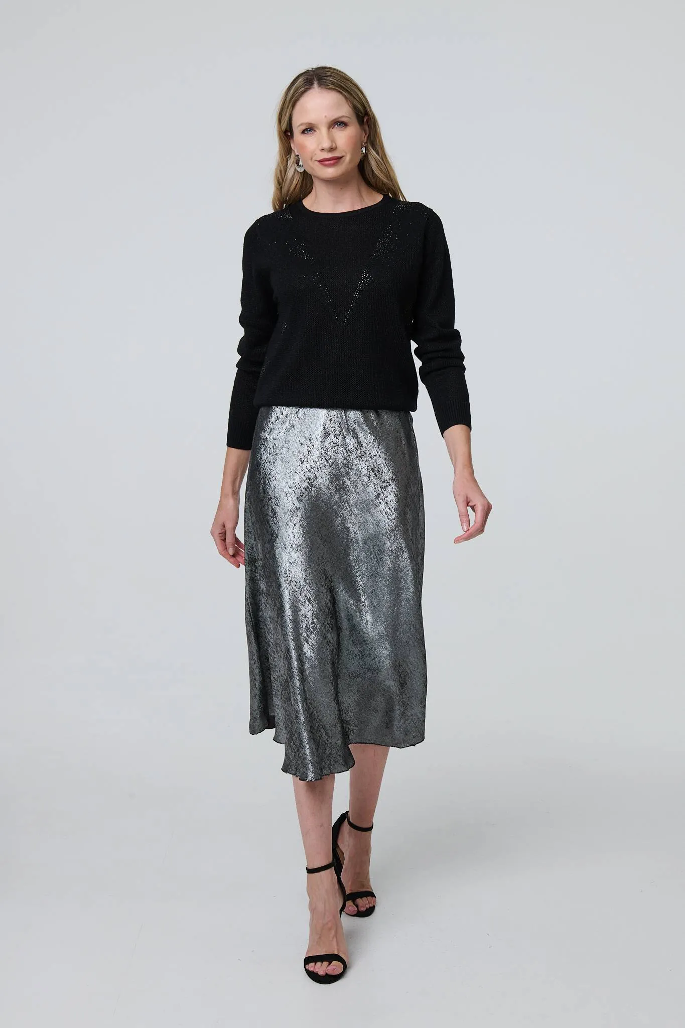 Metallic A-Line Midi Slip Skirt