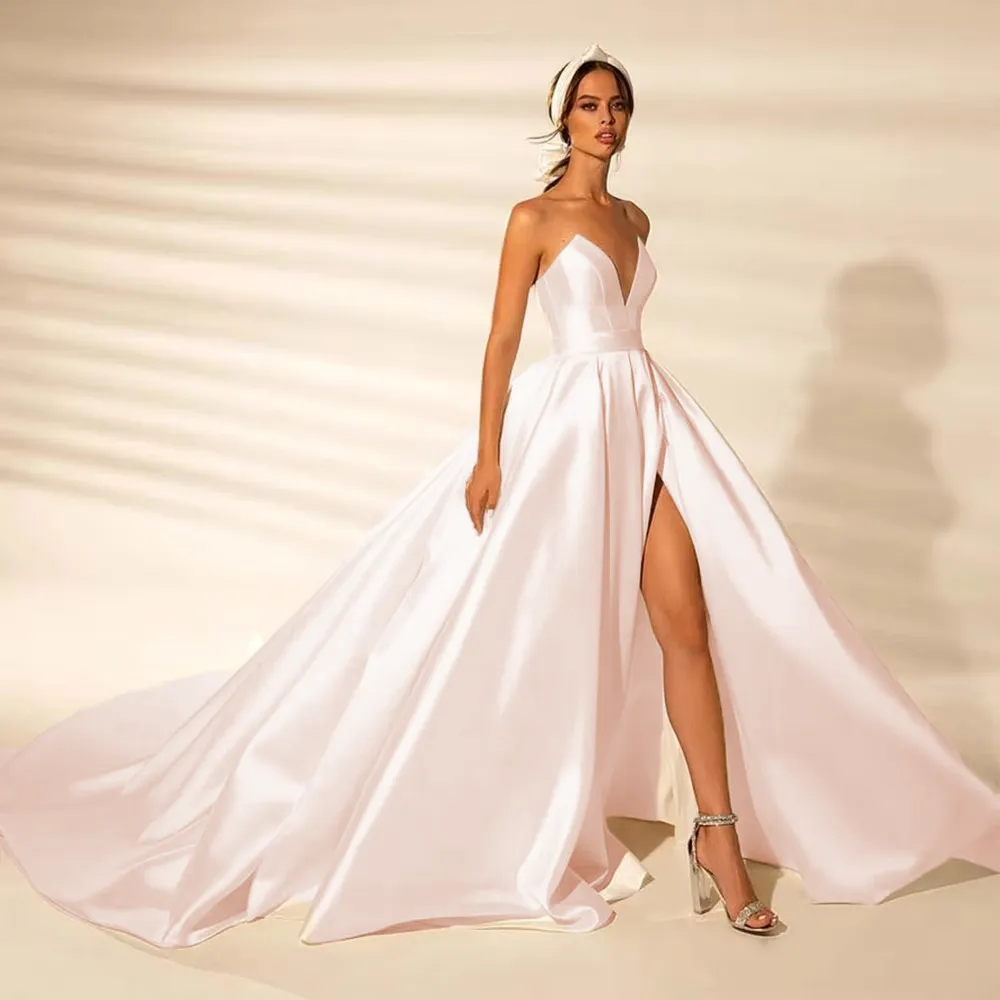 Off Shoulder Slit Satin Wedding Dress Classic Zipper Back Bridal Gown