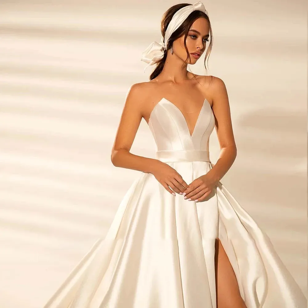 Off Shoulder Slit Satin Wedding Dress Classic Zipper Back Bridal Gown