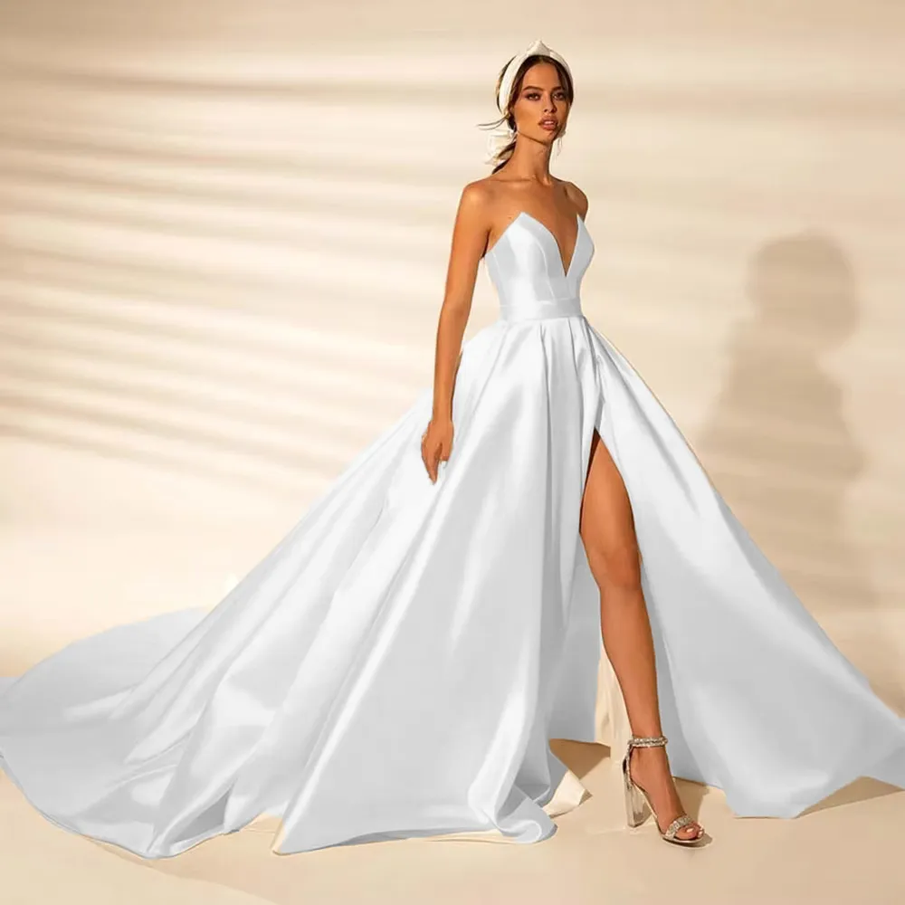 Off Shoulder Slit Satin Wedding Dress Classic Zipper Back Bridal Gown