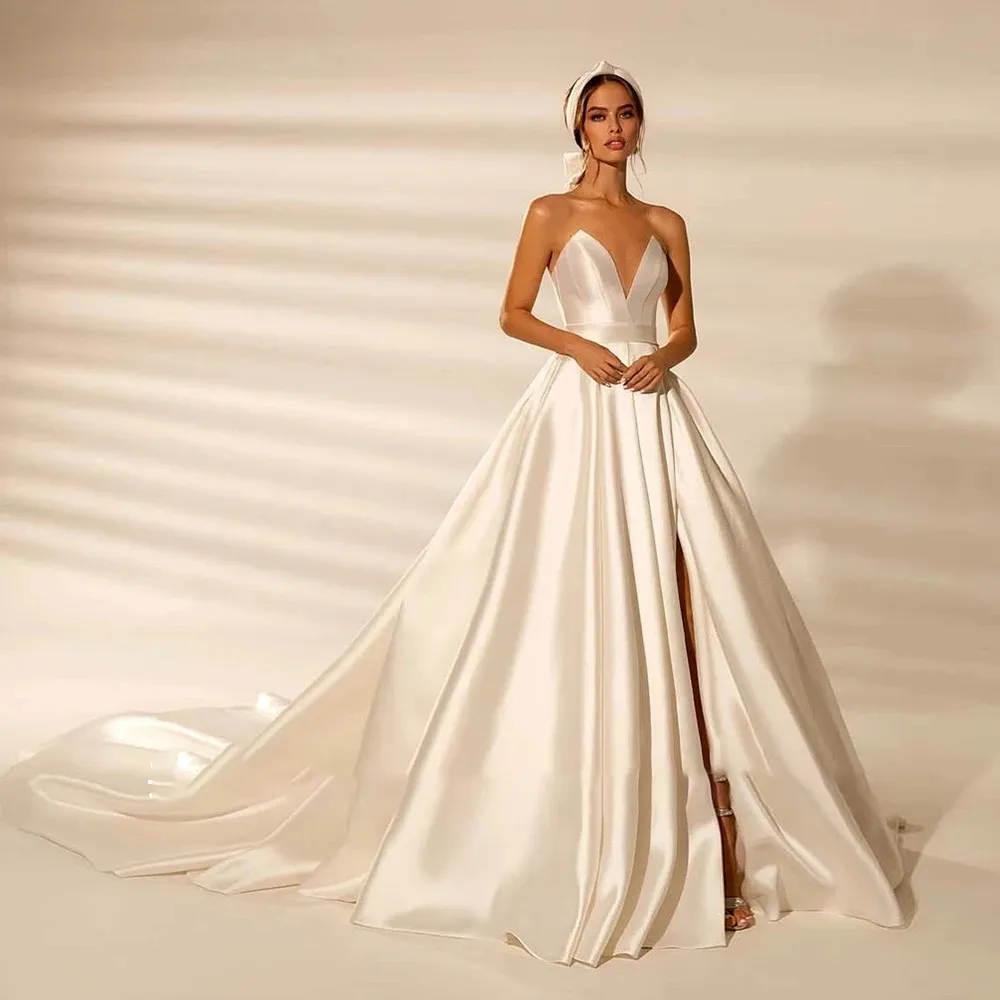 Off Shoulder Slit Satin Wedding Dress Classic Zipper Back Bridal Gown