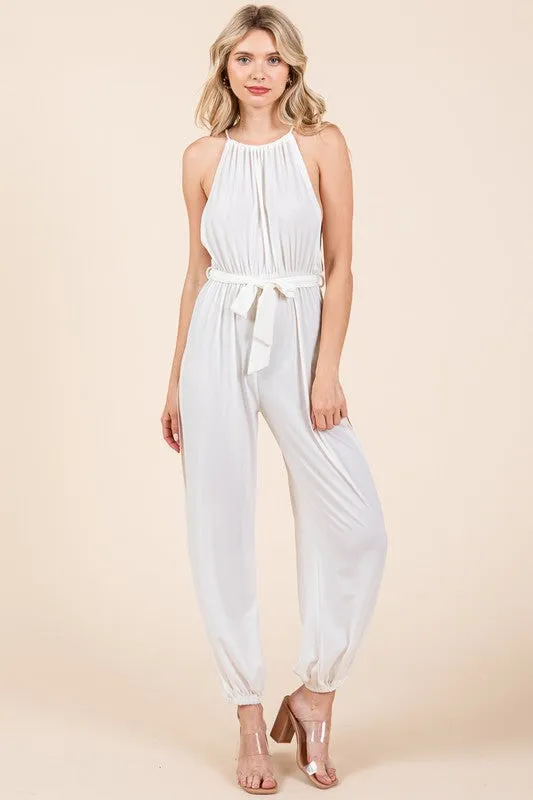 Off White Halter Neck Shirred Belted Split Leg Jumpsuit