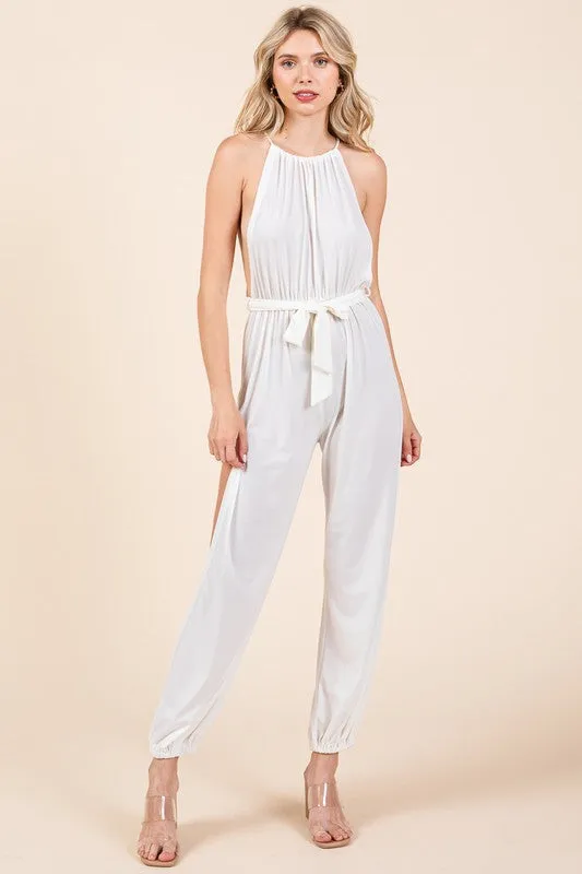 Off White Halter Neck Shirred Belted Split Leg Jumpsuit