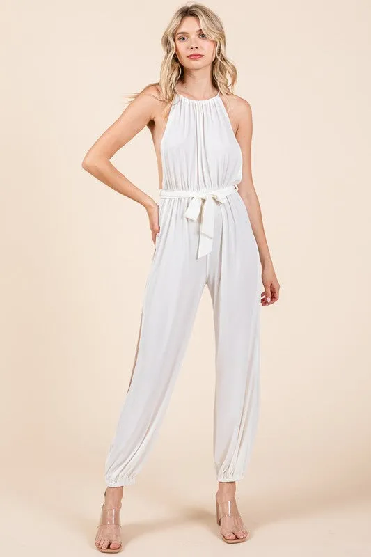 Off White Halter Neck Shirred Belted Split Leg Jumpsuit