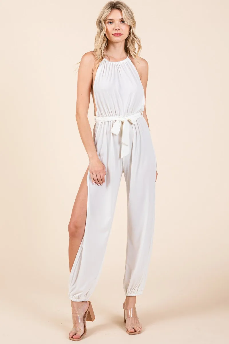 Off White Halter Neck Shirred Belted Split Leg Jumpsuit