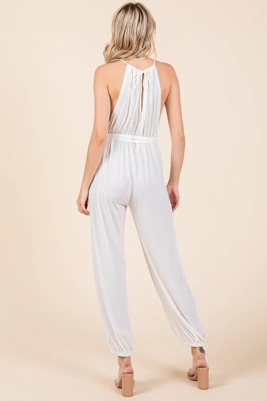 Off White Halter Neck Shirred Belted Split Leg Jumpsuit