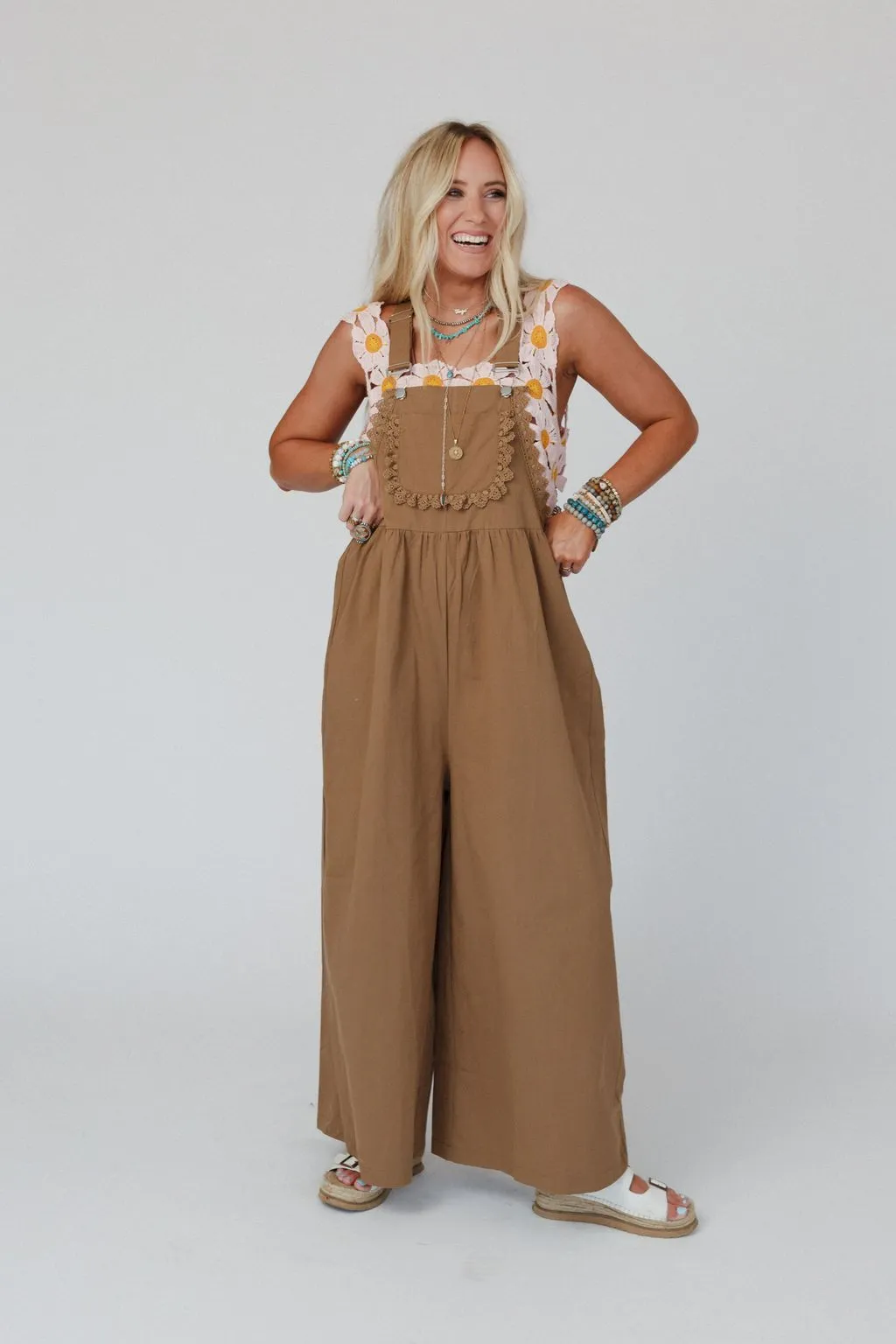 On A Whim Lace Detail Overalls - Mocha