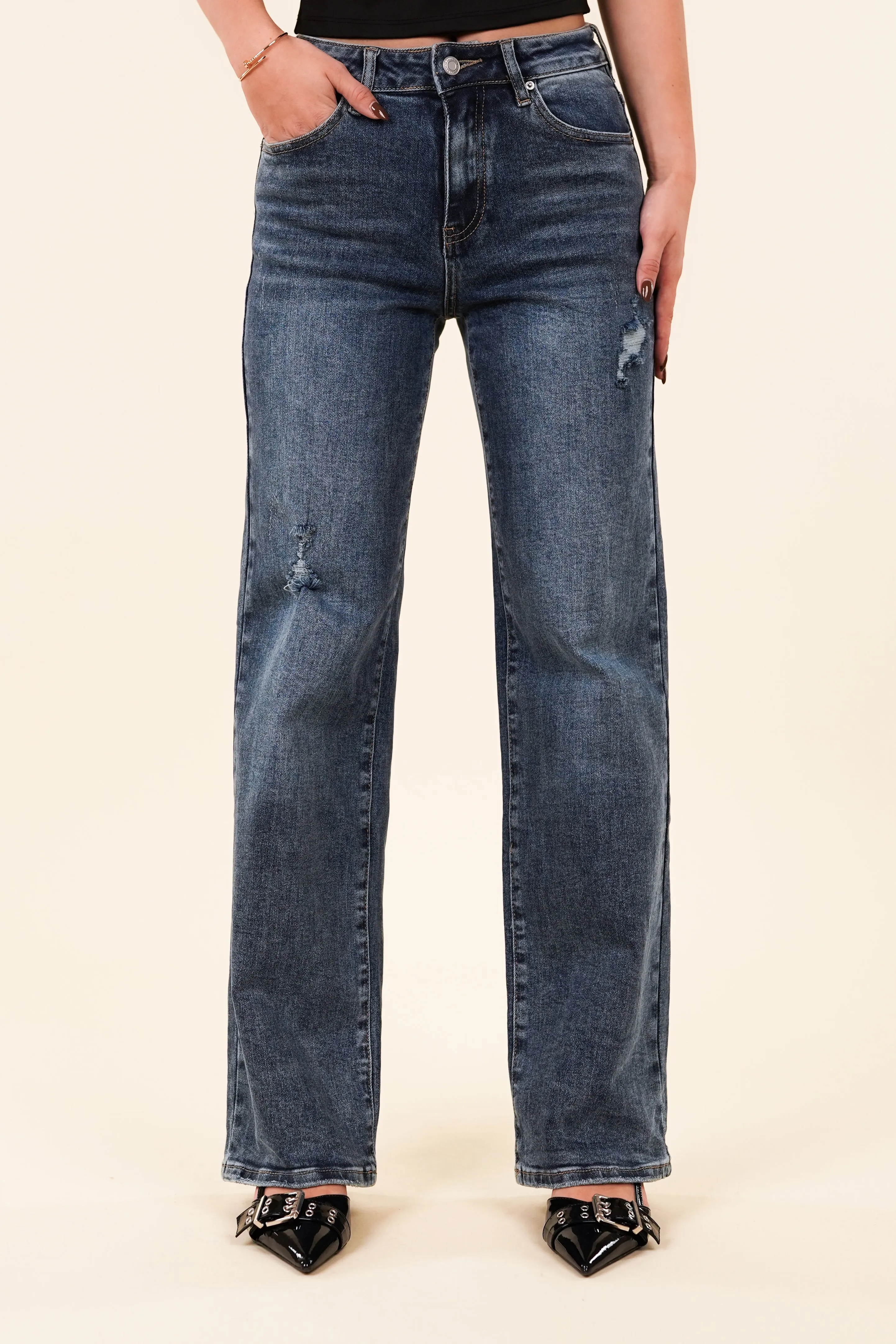 Petite straight leg jeans destroyed blauw - Cecile