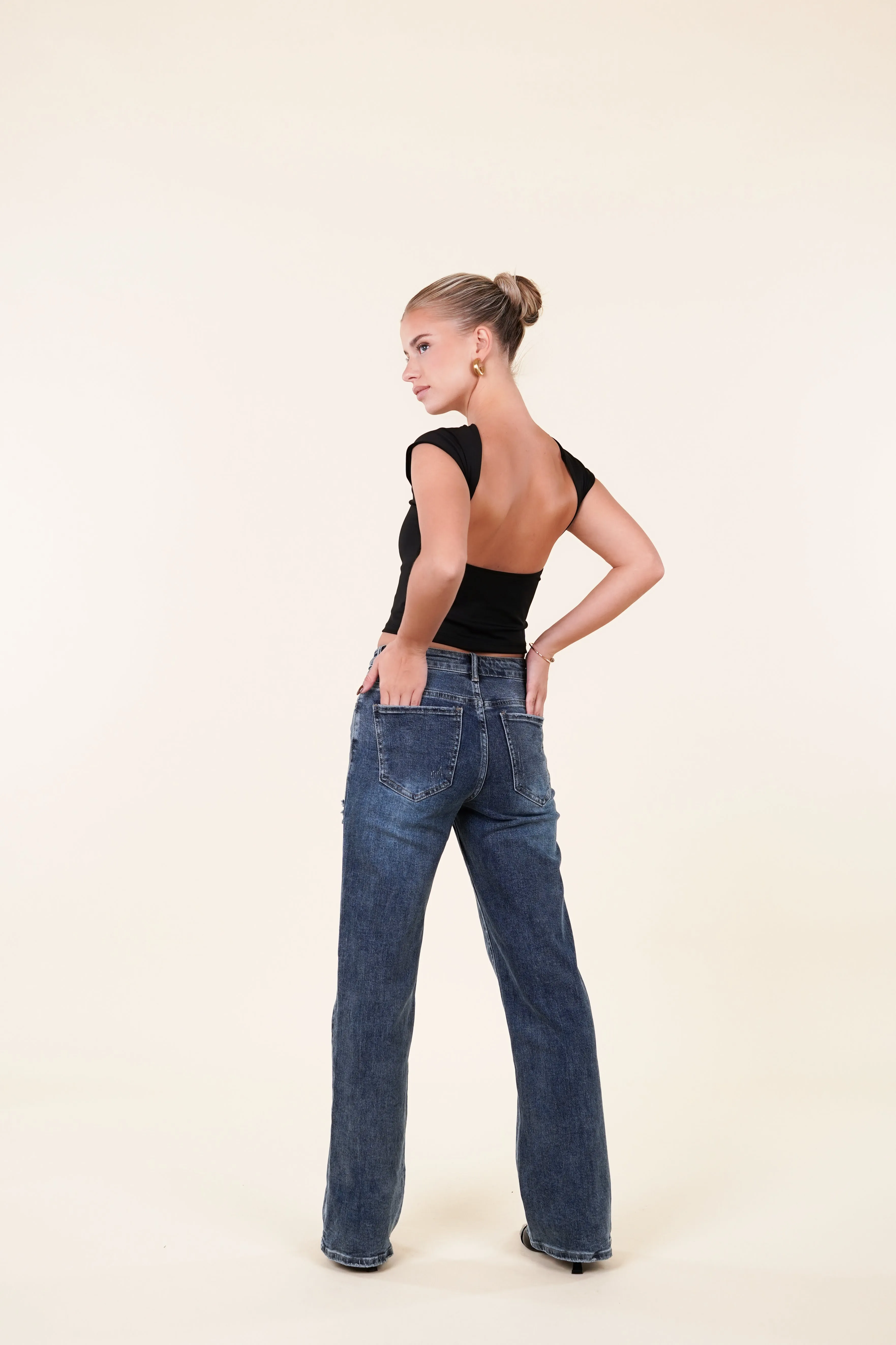 Petite straight leg jeans destroyed blauw - Cecile