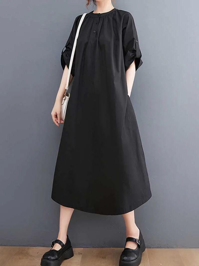 Plain Cotton Short Sleeve A-Line Dress