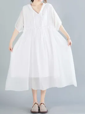 Plain Cotton Short Sleeves Hooded Style A-Line Dress