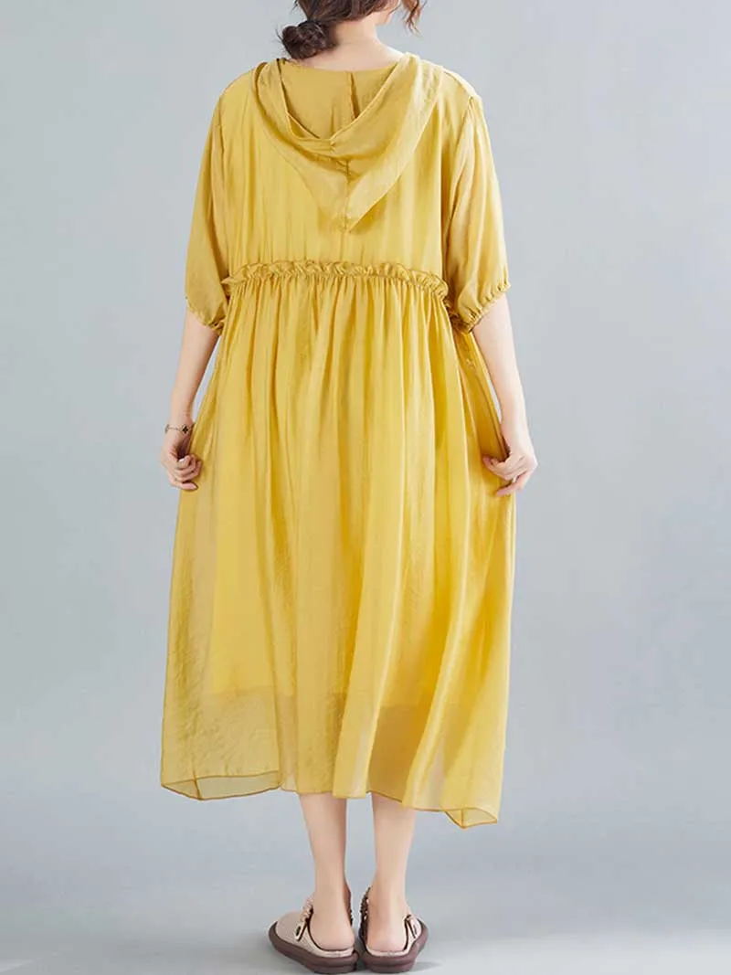 Plain Cotton Short Sleeves Hooded Style A-Line Dress