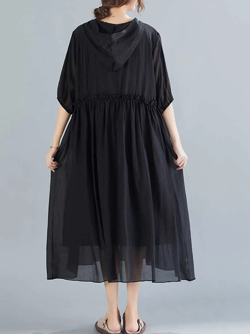 Plain Cotton Short Sleeves Hooded Style A-Line Dress