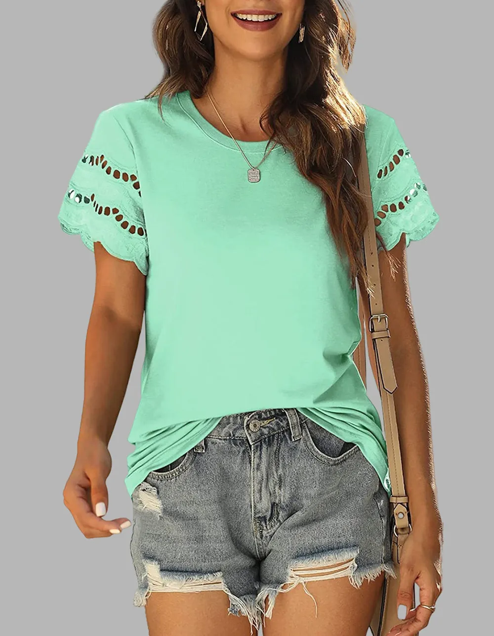 Plain Round Neck Lace Stitching Short Sleeve T-Shirt