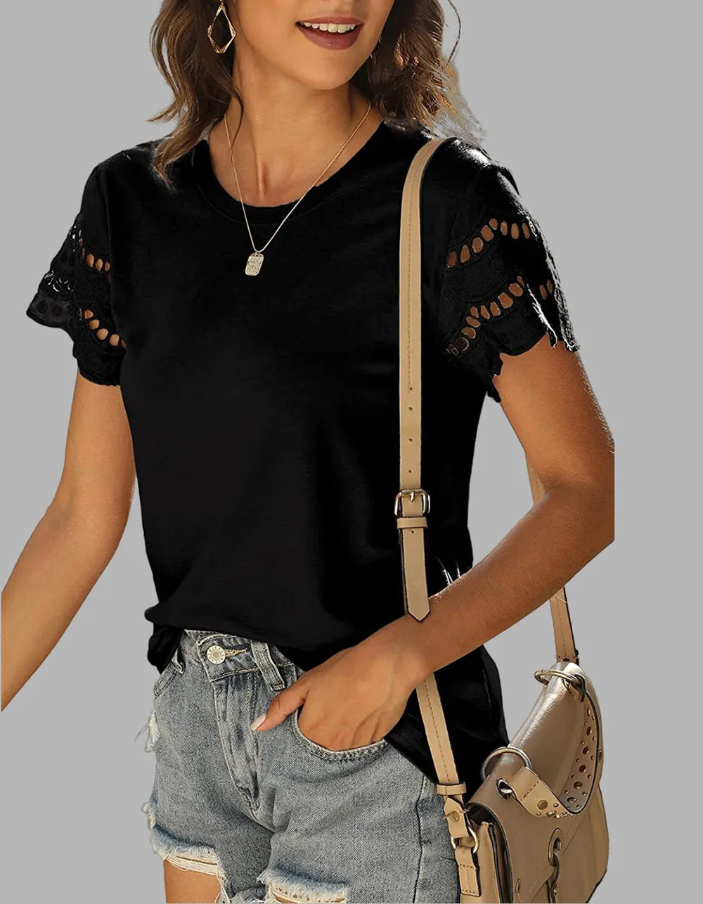 Plain Round Neck Lace Stitching Short Sleeve T-Shirt