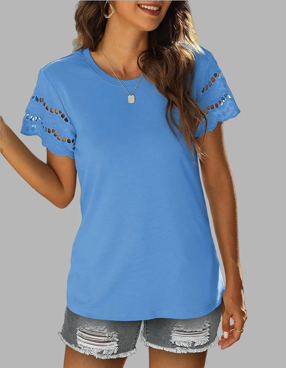 Plain Round Neck Lace Stitching Short Sleeve T-Shirt