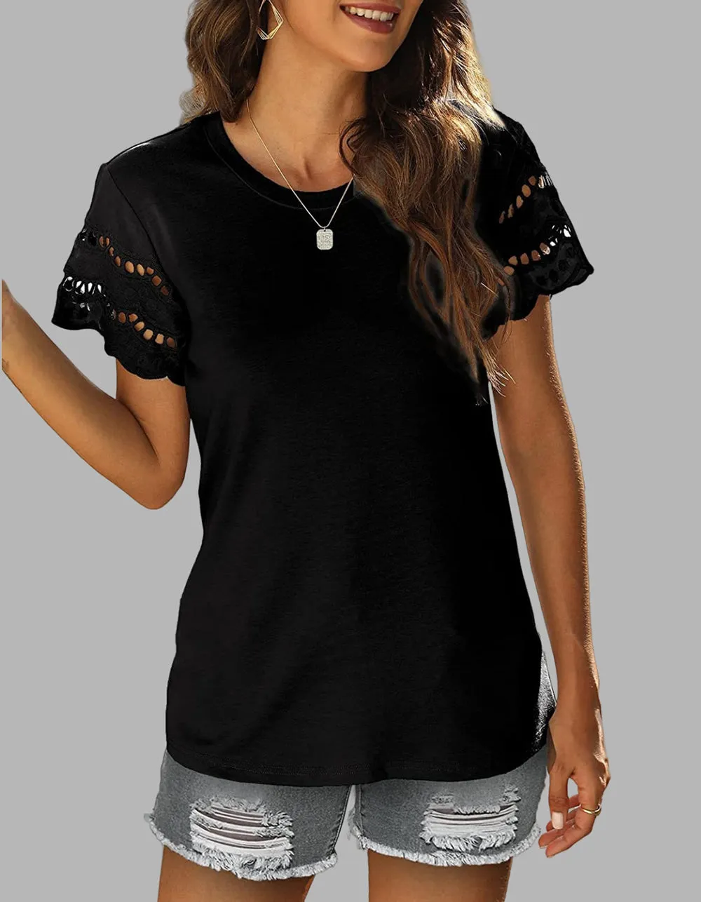 Plain Round Neck Lace Stitching Short Sleeve T-Shirt