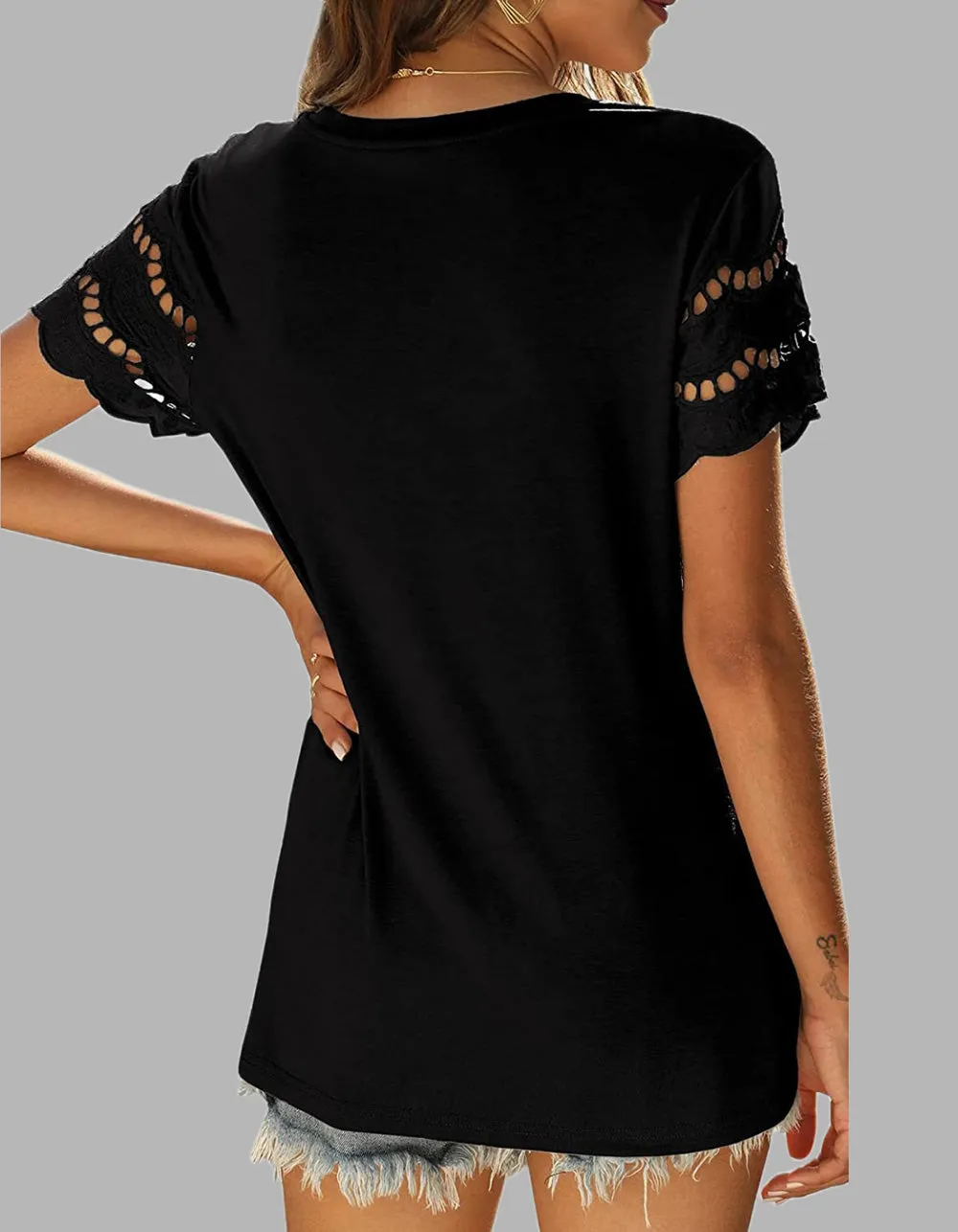 Plain Round Neck Lace Stitching Short Sleeve T-Shirt