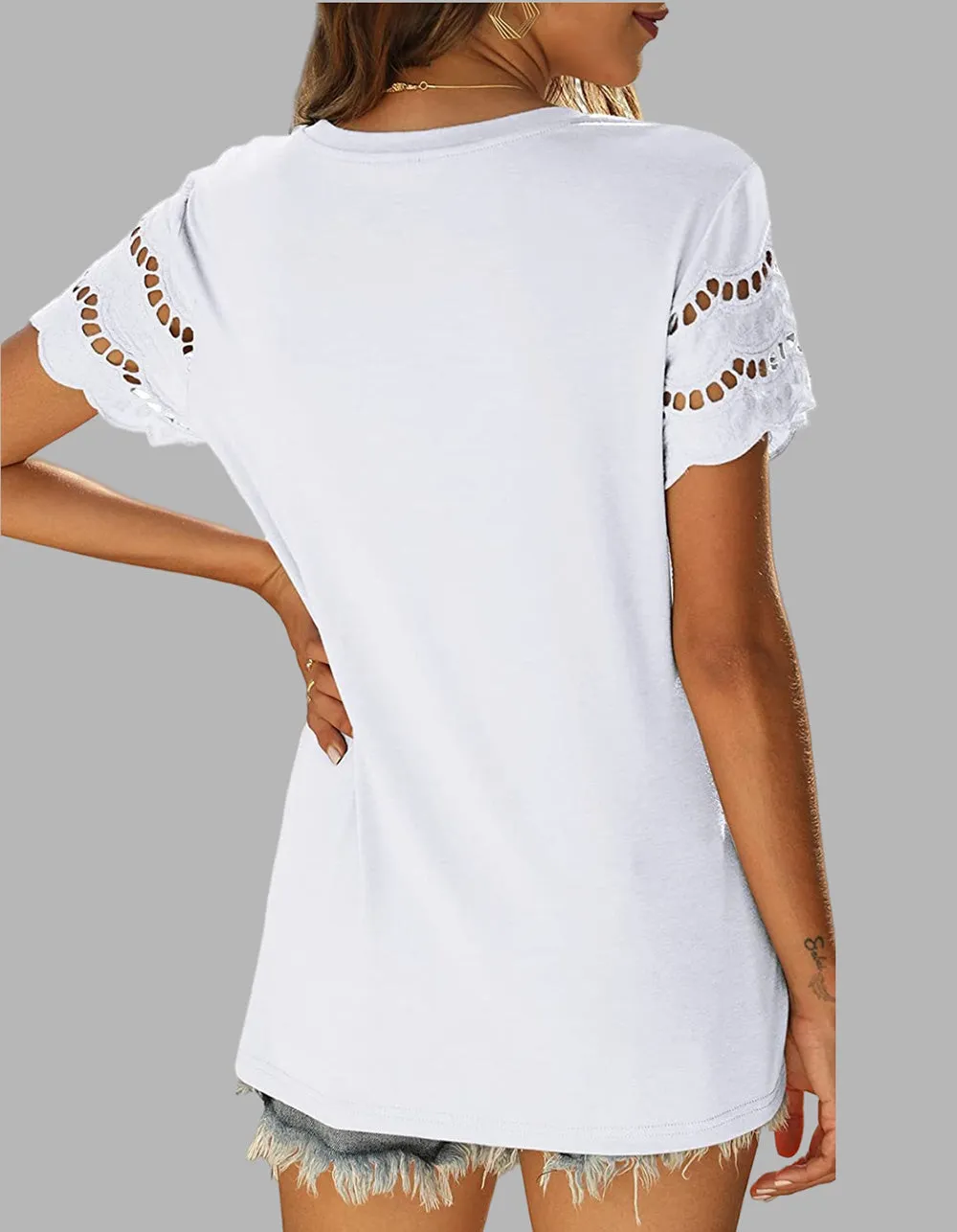 Plain Round Neck Lace Stitching Short Sleeve T-Shirt