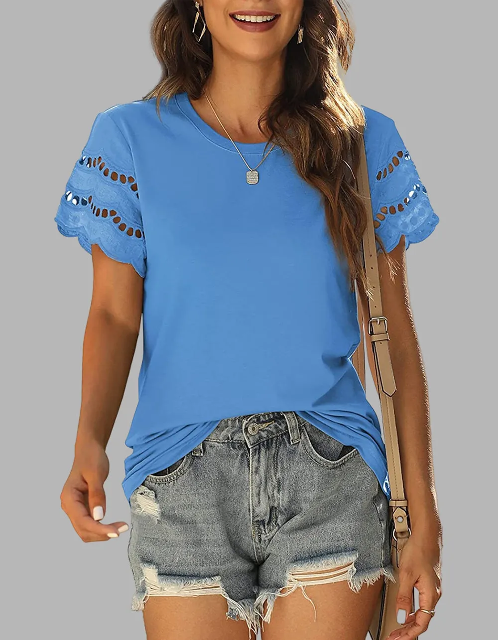 Plain Round Neck Lace Stitching Short Sleeve T-Shirt