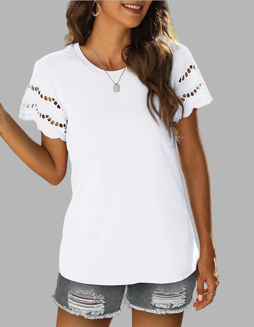 Plain Round Neck Lace Stitching Short Sleeve T-Shirt