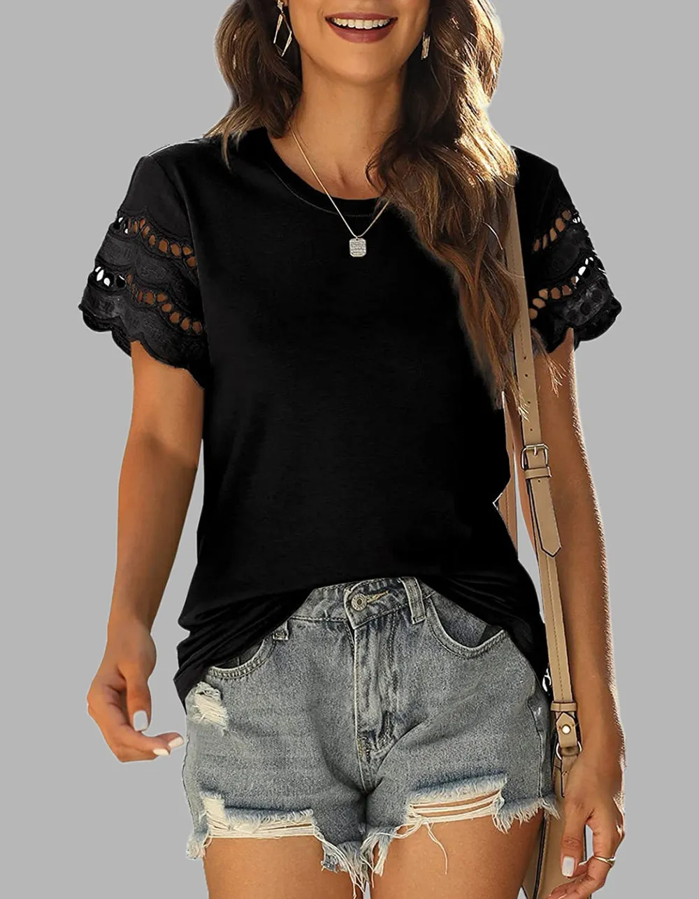 Plain Round Neck Lace Stitching Short Sleeve T-Shirt