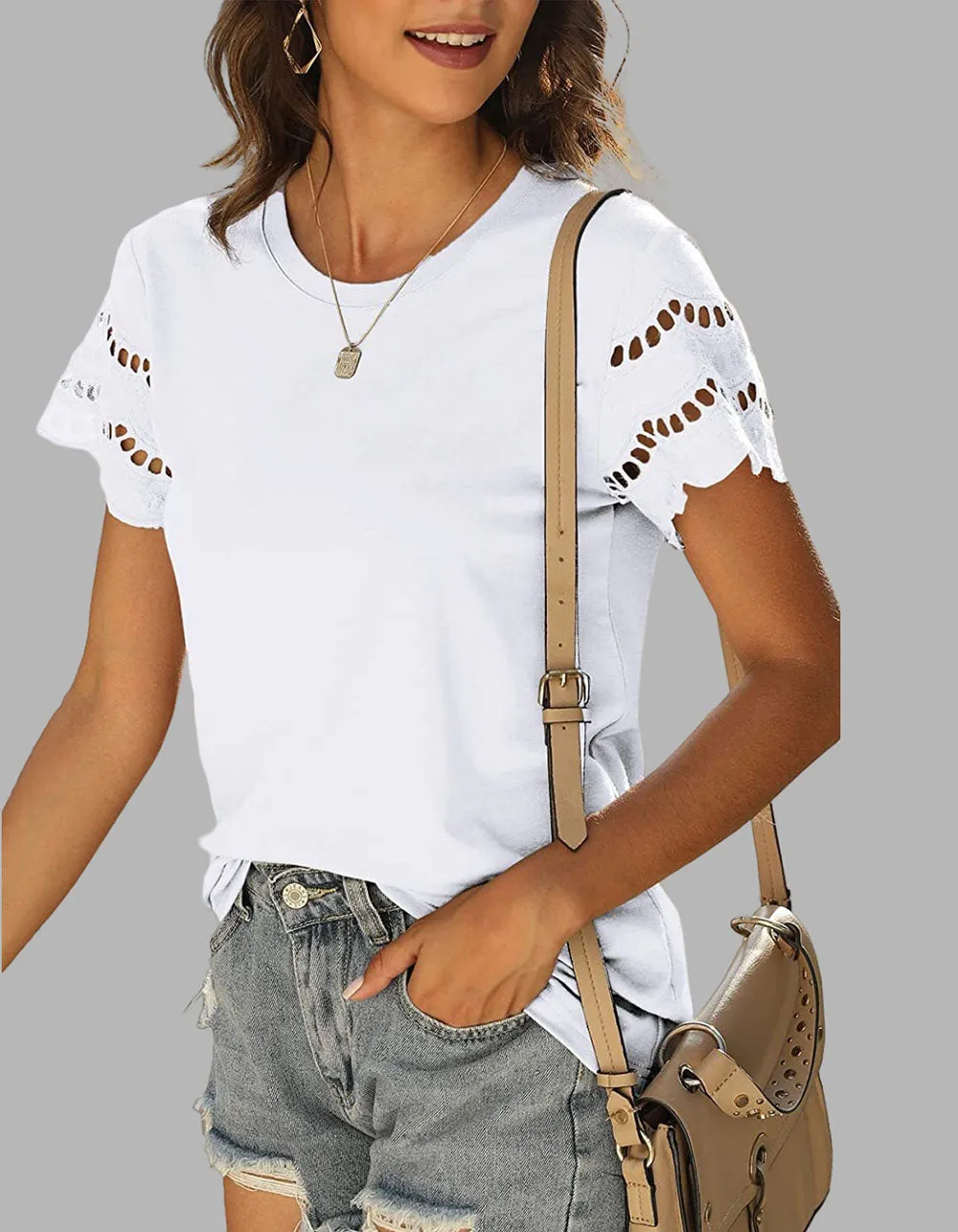 Plain Round Neck Lace Stitching Short Sleeve T-Shirt