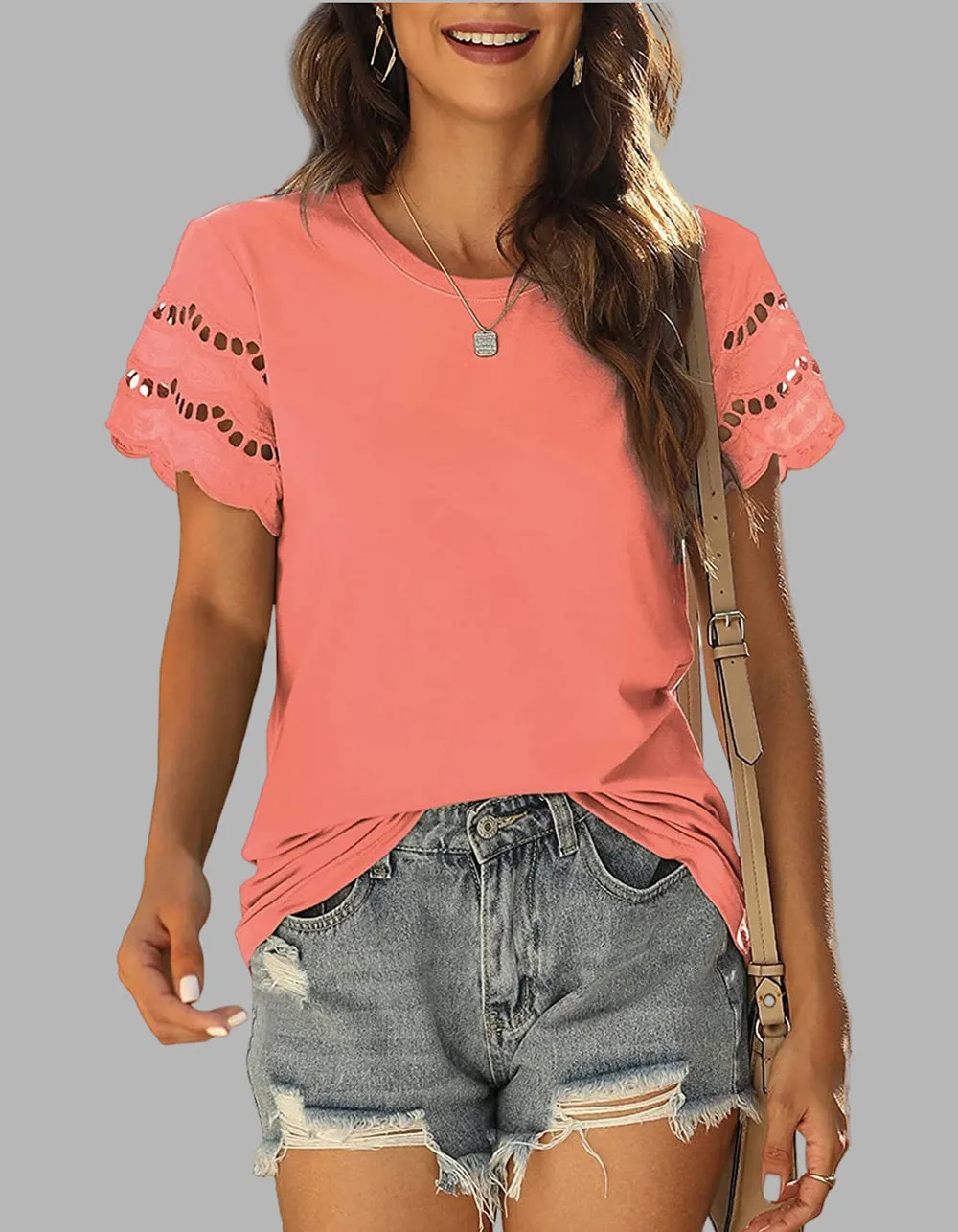 Plain Round Neck Lace Stitching Short Sleeve T-Shirt