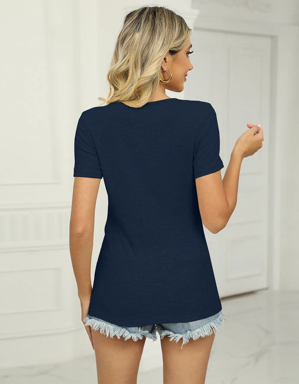 Plain V-neck Cut Out Pullover Short Sleeve T-Shirt