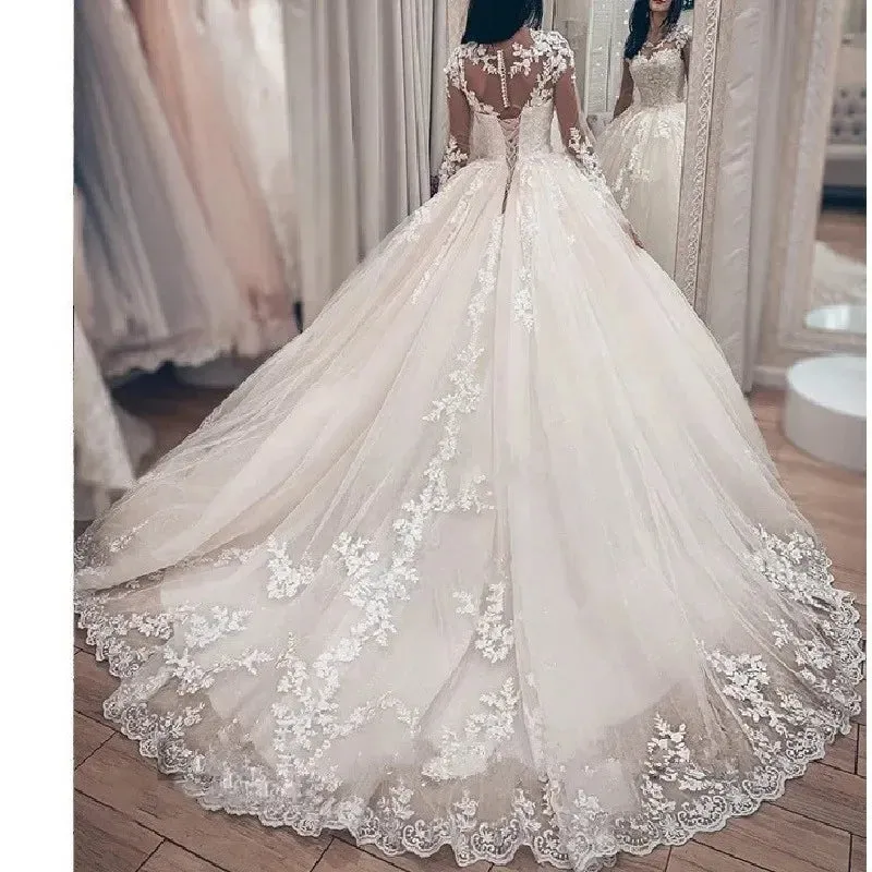 Princess Ball Gown Wedding Dress Long Sleeve Bridal Dress O Neck Plus Size Bridal Gown