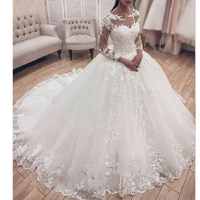 Princess Ball Gown Wedding Dress Long Sleeve Bridal Dress O Neck Plus Size Bridal Gown