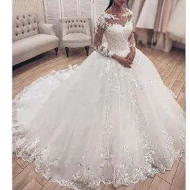 Princess Ball Gown Wedding Dress Long Sleeve Bridal Dress O Neck Plus Size Bridal Gown