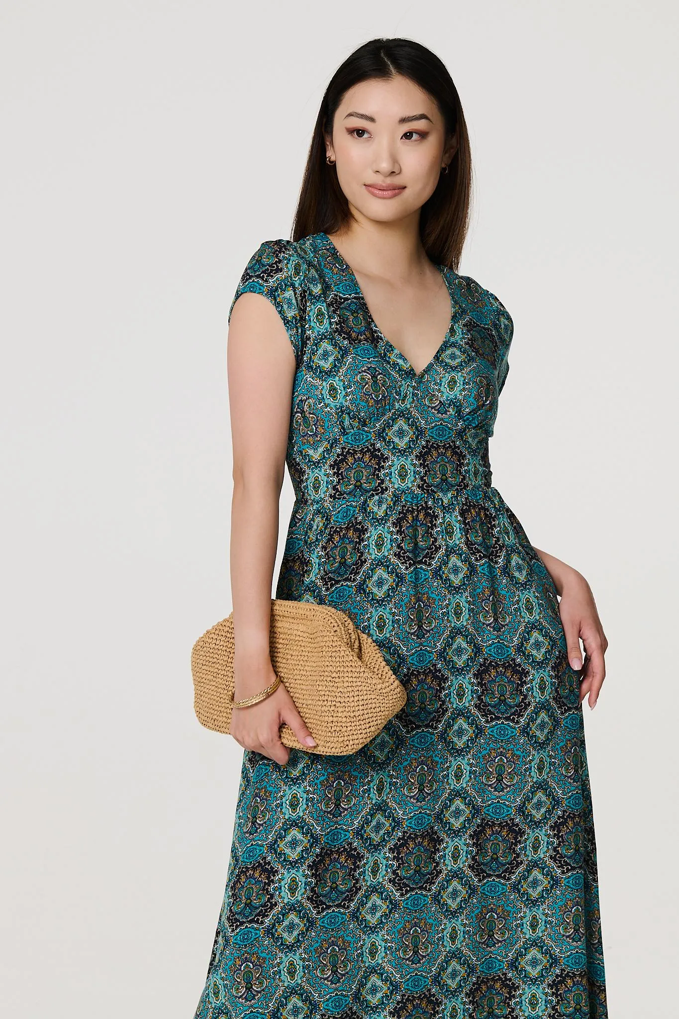 Printed V-Neck Cap Sleeve Midi Dress