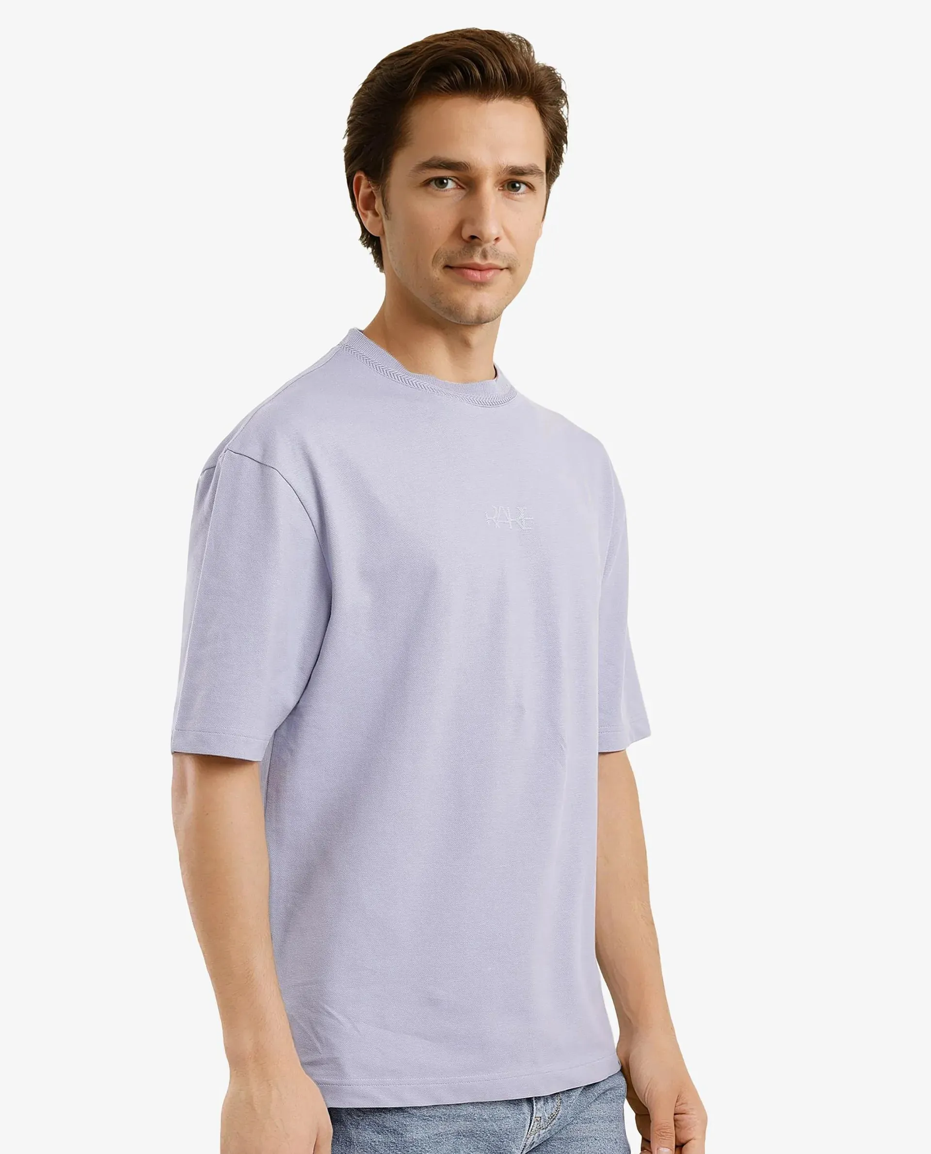 Rare Rabbit Men's Heros-1 Light Purple Cotton Lycra Fabric Blend Drop Shoulder Short Sleeve Oversized Fit Embroidered Logo T-Shirt