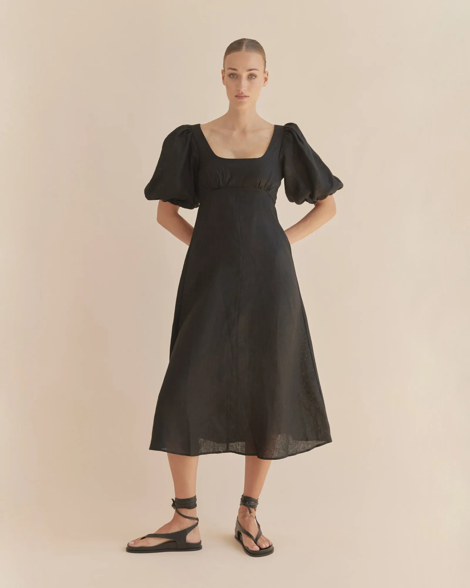 Romilly Linen Midi Dress - Black