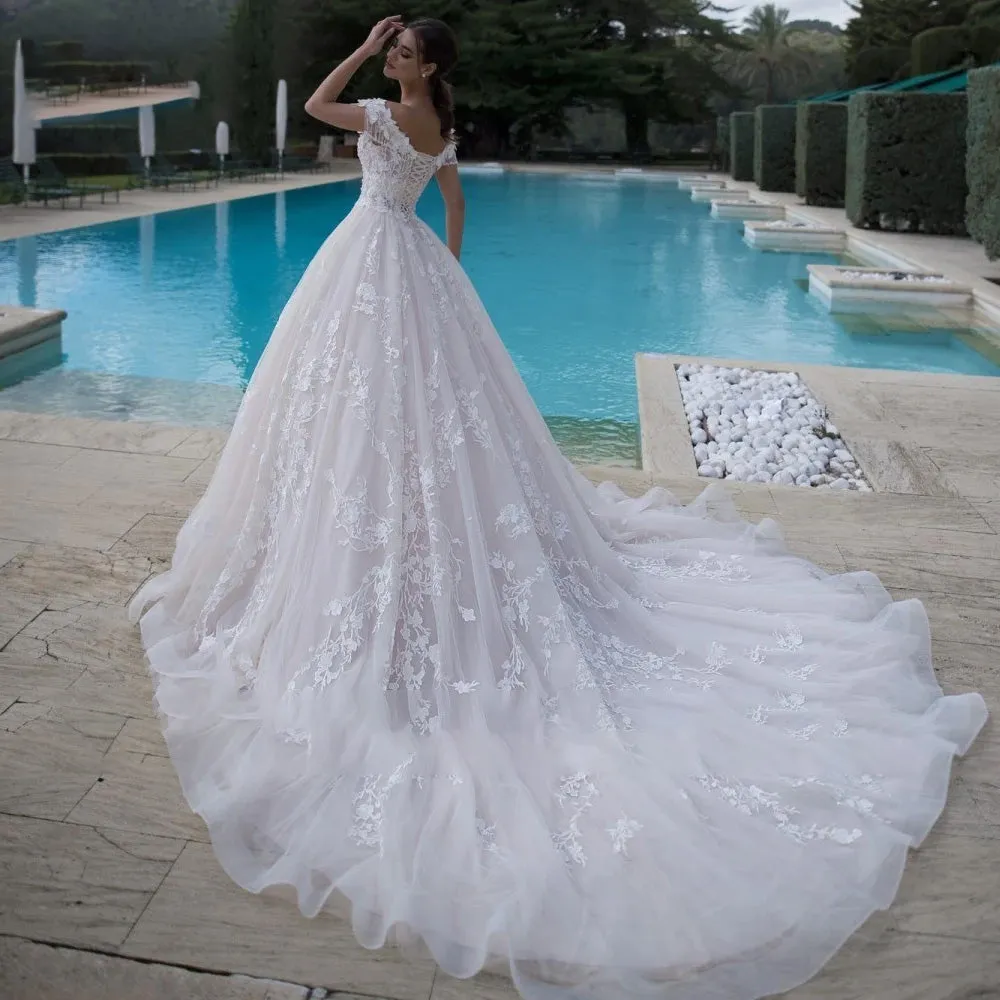 Sexy Illusion Boat Neck Tassel Sleeve A-Line Wedding Dresses Beaded Chapel Train Vintage Bridal Gown