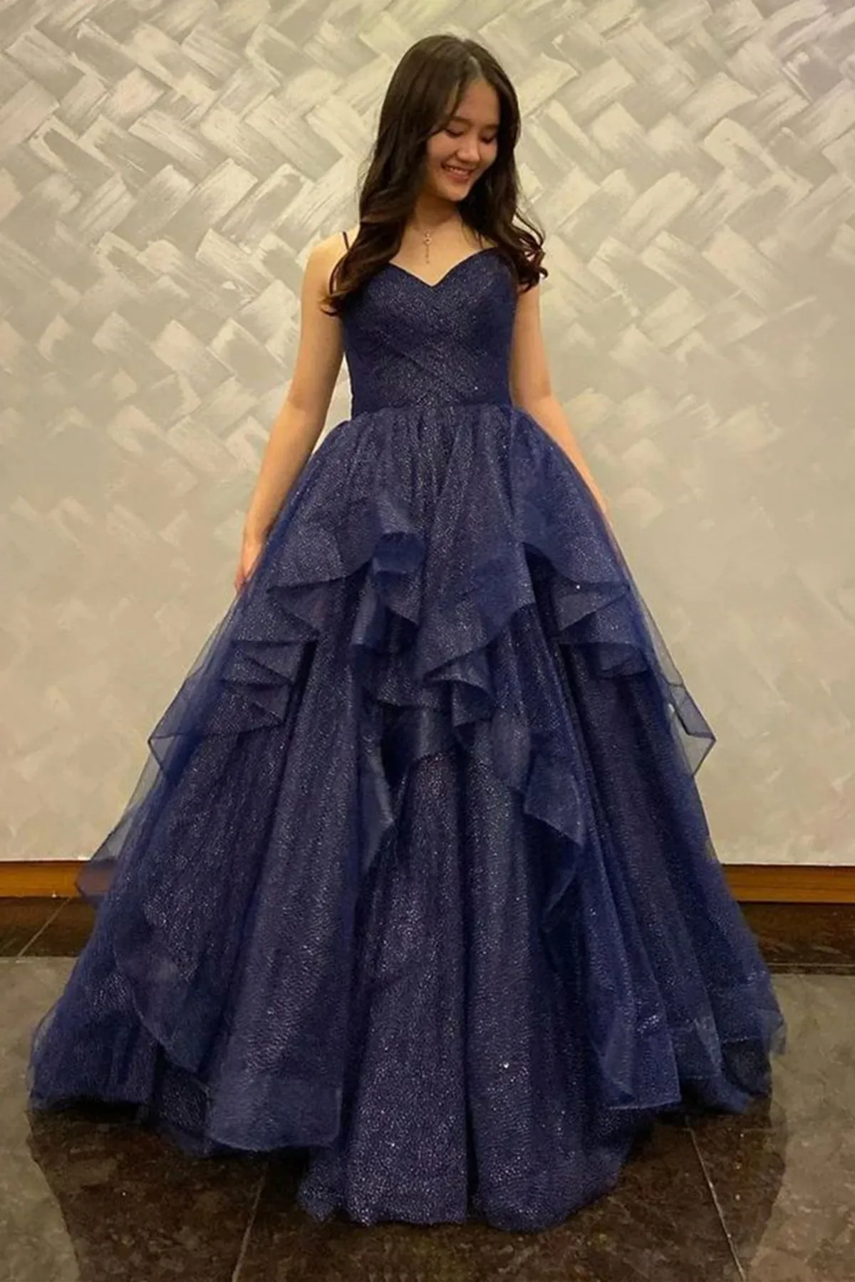 Shiny V Neck Navy Blue Tulle Long Prom Dresses, Navy Blue Formal Evening Dresses Long, Ball Gown A1869