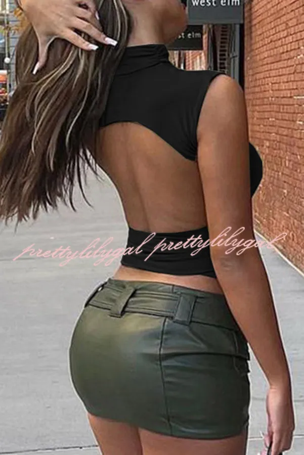 Sleeveless Slim Fit Backless Solid Color T Shirt