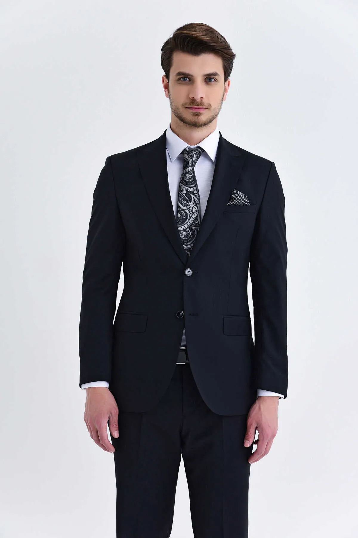 Slim Fit Black Wool Blend Classic Suit with Vest