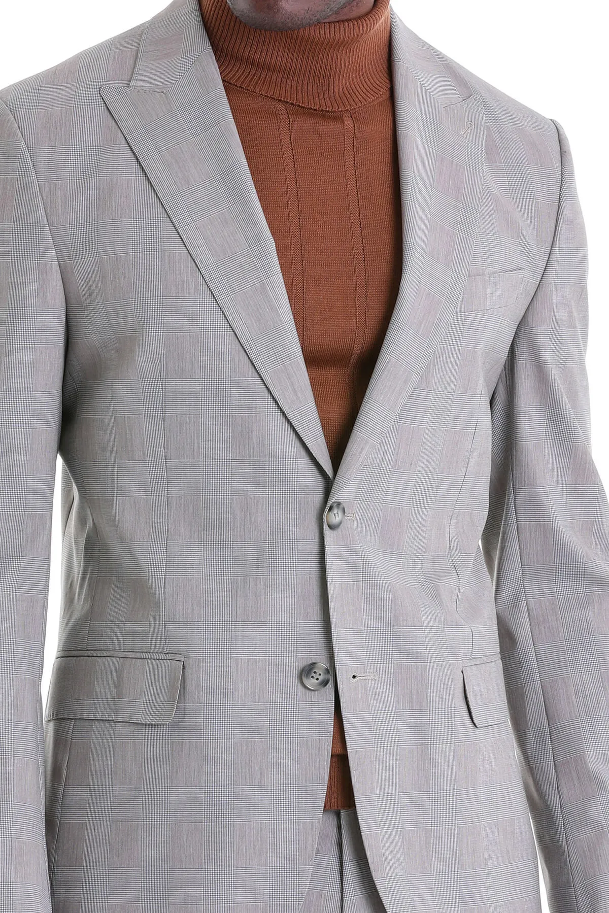 Slim Fit Gray Peak Lapel Plaid Wool Blend Classic Suit