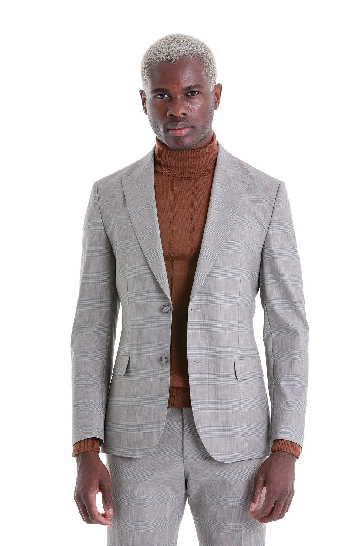 Slim Fit Gray Peak Lapel Plaid Wool Blend Classic Suit