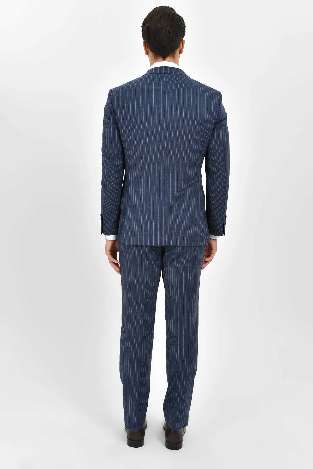 Slim Fit Navy Peak Lapel Striped Wool & Linen Classic Suit