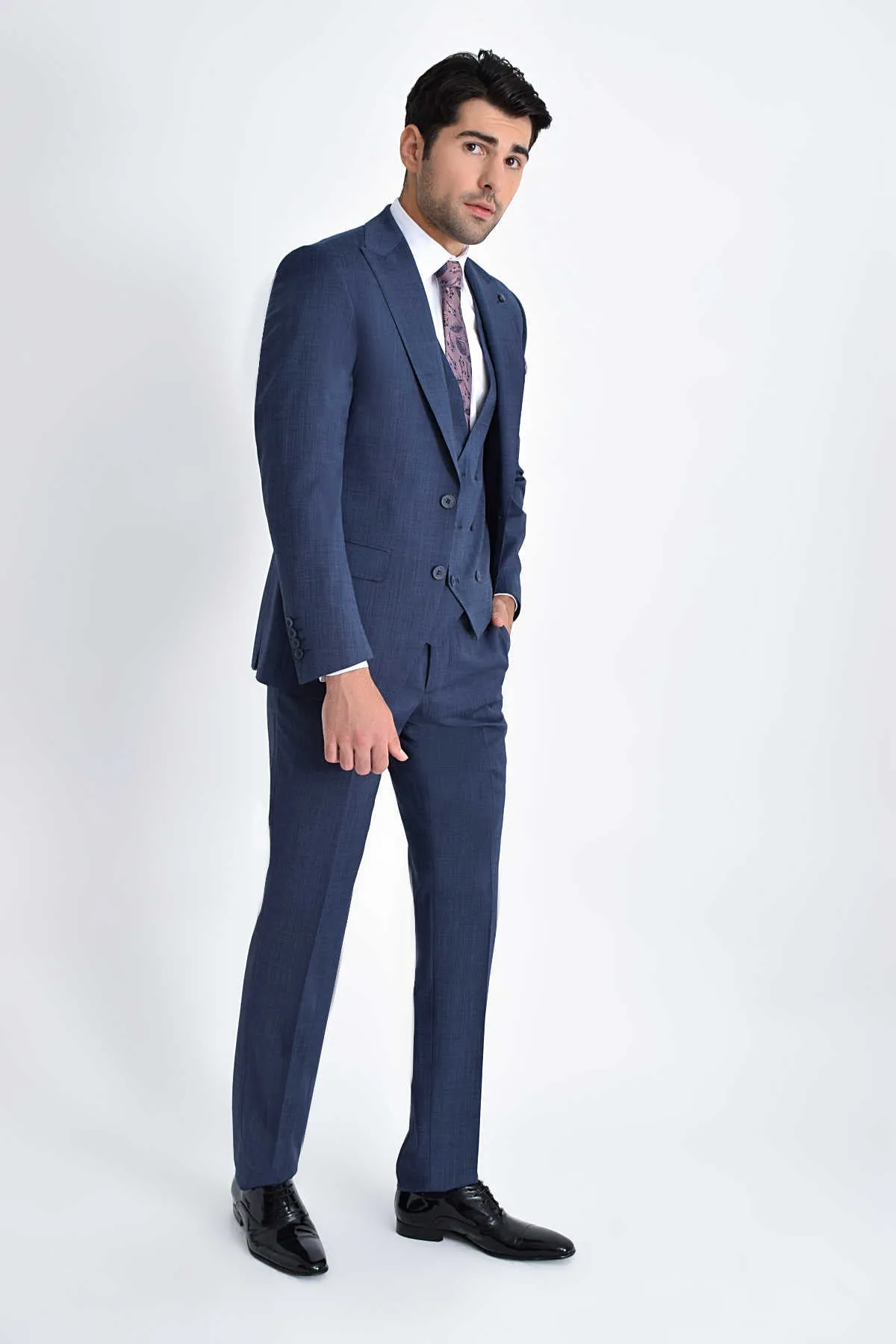 Slim Fit Navy Peak Lapel Wool Blend Classic Suit with Vest