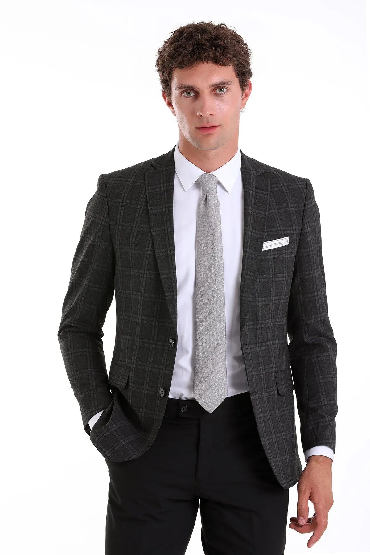 Slim Fit Notch Lapel Plaid Wool Blend Charcoal Casual Suit